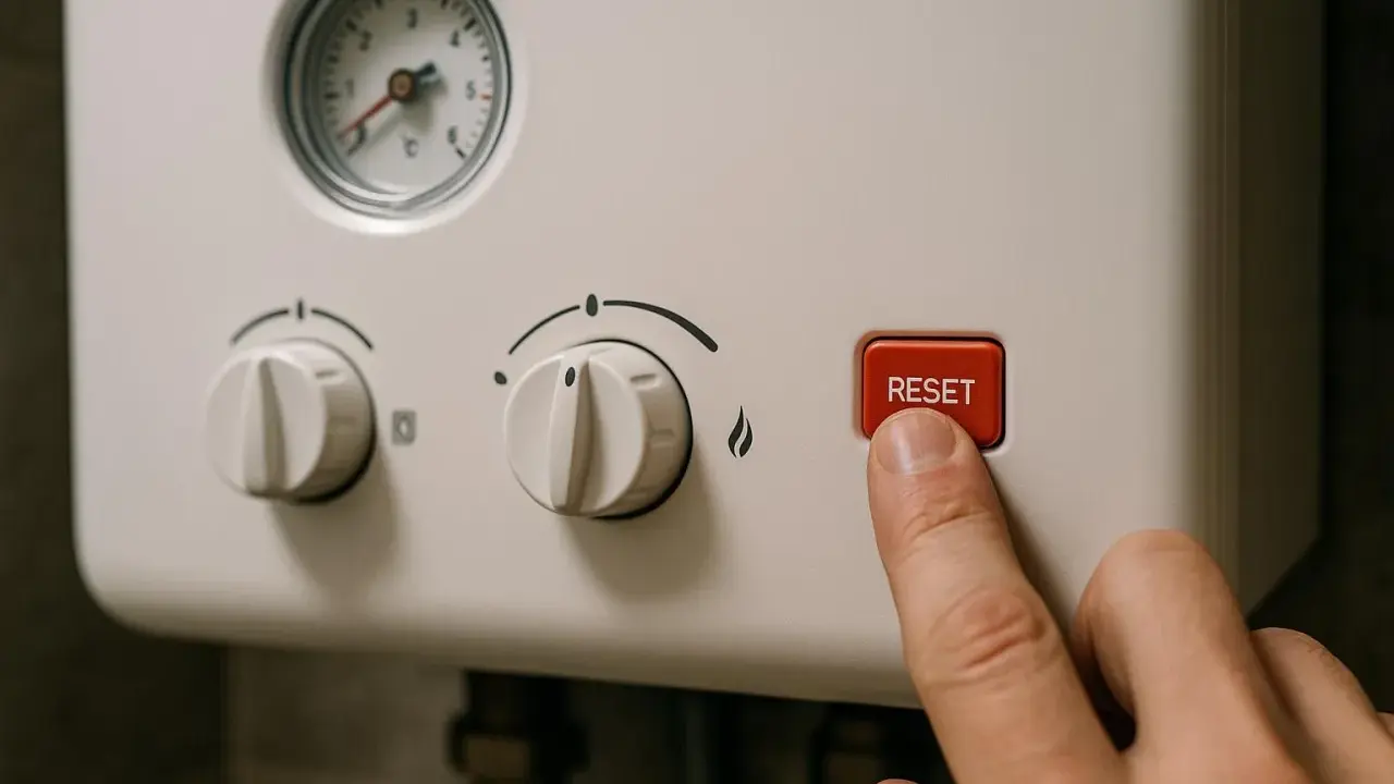 Palec naciska czerwony przycisk RESET na piecu gazowym. Dowiedz się, jak zresetować piec gazowy, gdy wystąpi problem.