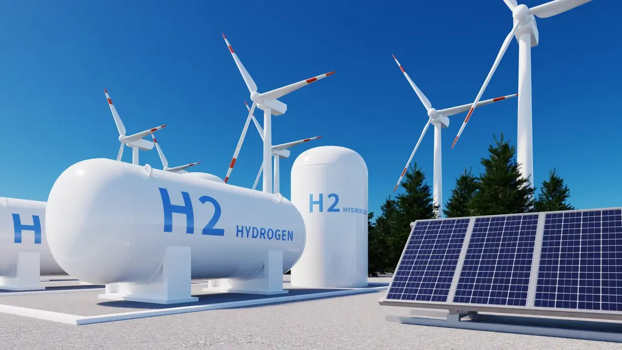 Zbiorniki H2 Hydrogen, panele słoneczne i wiatraki symbolizują przyszłość czystej energii, gdzie energia wodoru odgrywa kluczową rolę.