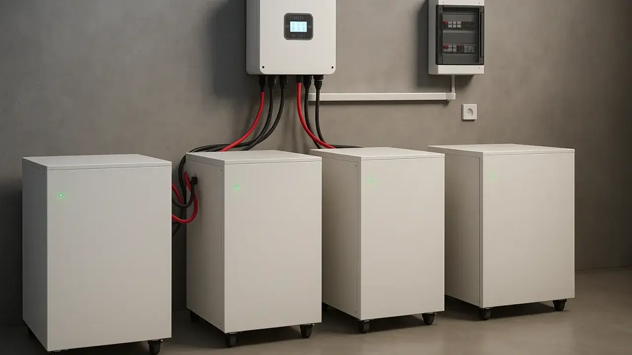 Nowoczesny magazyn energii z białymi modułami akumulatorowymi i falownikiem na ścianie. System gotowy do gromadzenia i dystrybucji mocy.