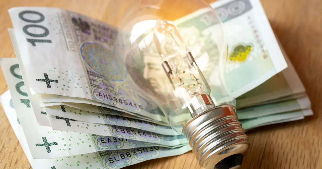 Żarówka leżąca na stosie polskich banknotów 100 zł.