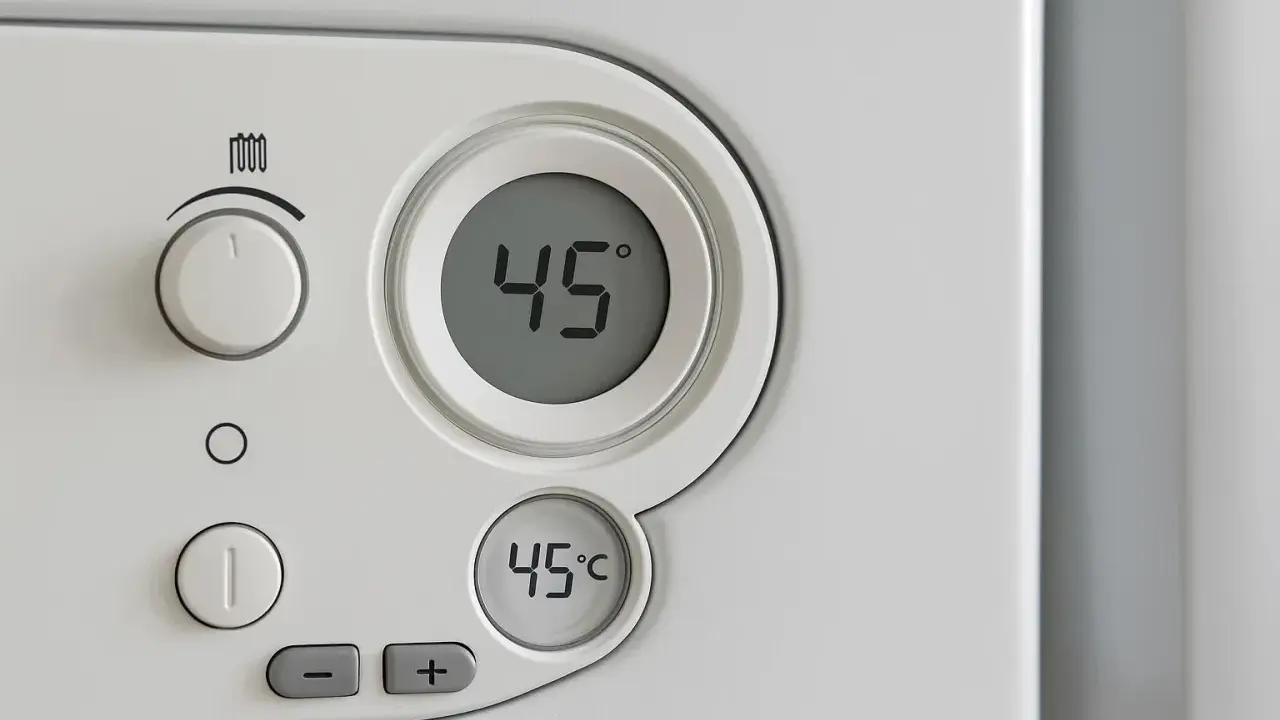 Panel sterowania pieca gazowego Vaillant z wyświetlaczem 45°C. Pokrętło regulacji temperatury ustawione na 1. Ekonomiczne ustawienie pieca gazowego Vaillant.