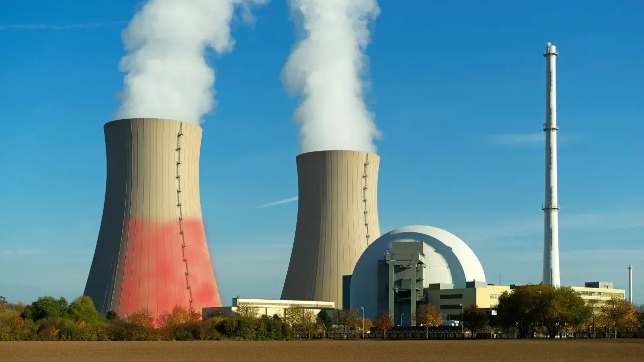 Dwie chłodnie kominowe i kopuła elektrowni konwencjonalnej na tle błękitnego nieba.