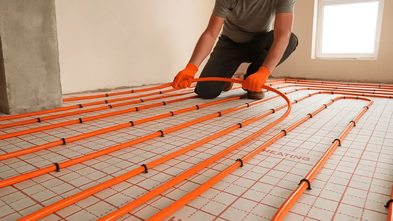 Instalator w pomarańczowych rękawicach układa pomarańczowe rury ogrzewania podłogowego.