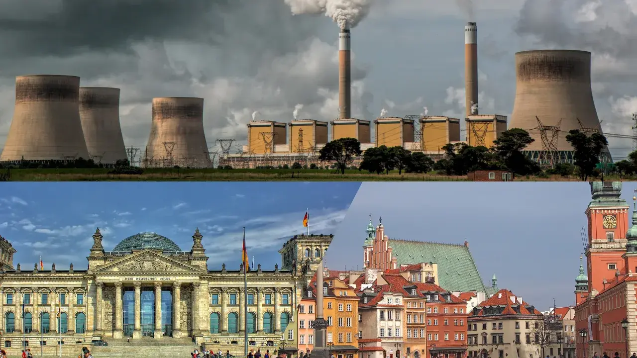 Miks energetyczny Niemiec: chłodnie kominowe elektrowni i budynek Reichstagu w Berlinie.