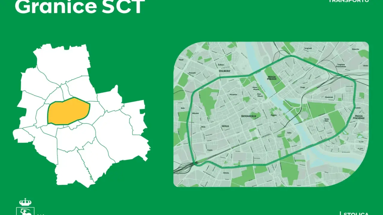 Mapa Warszawy z zaznaczoną żółtą obwódką strefą SCT. Obok mapa miasta z wyznaczoną trasą strefy czystego transportu.