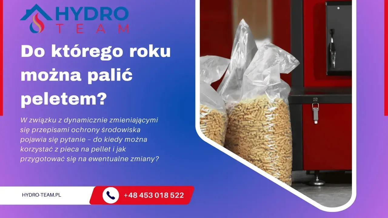 Pytanie: do kiedy można palić pelletem? Worek z pelletem obok nowoczesnego kotła. Hydro-Team.pl