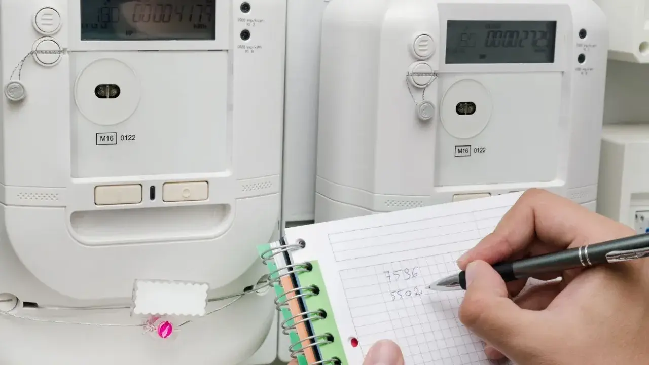 Osoba notuje odczyty liczników energii elektrycznej, przygotowując się do rozliczenia opłaty za przesył prądu.