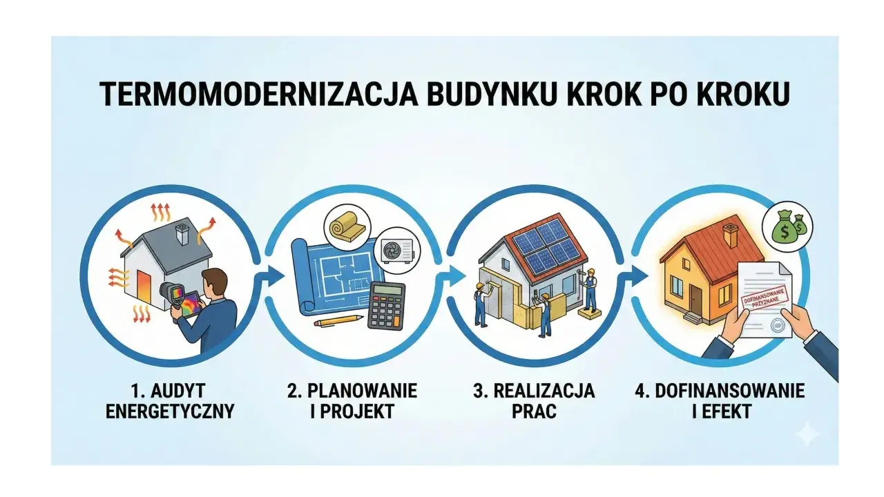Termomodernizacja budynku krok po kroku: audyt, projekt, realizacja i dofinansowanie. Zobacz, jak uzyskać wsparcie finansowe na ocieplenie domu.
