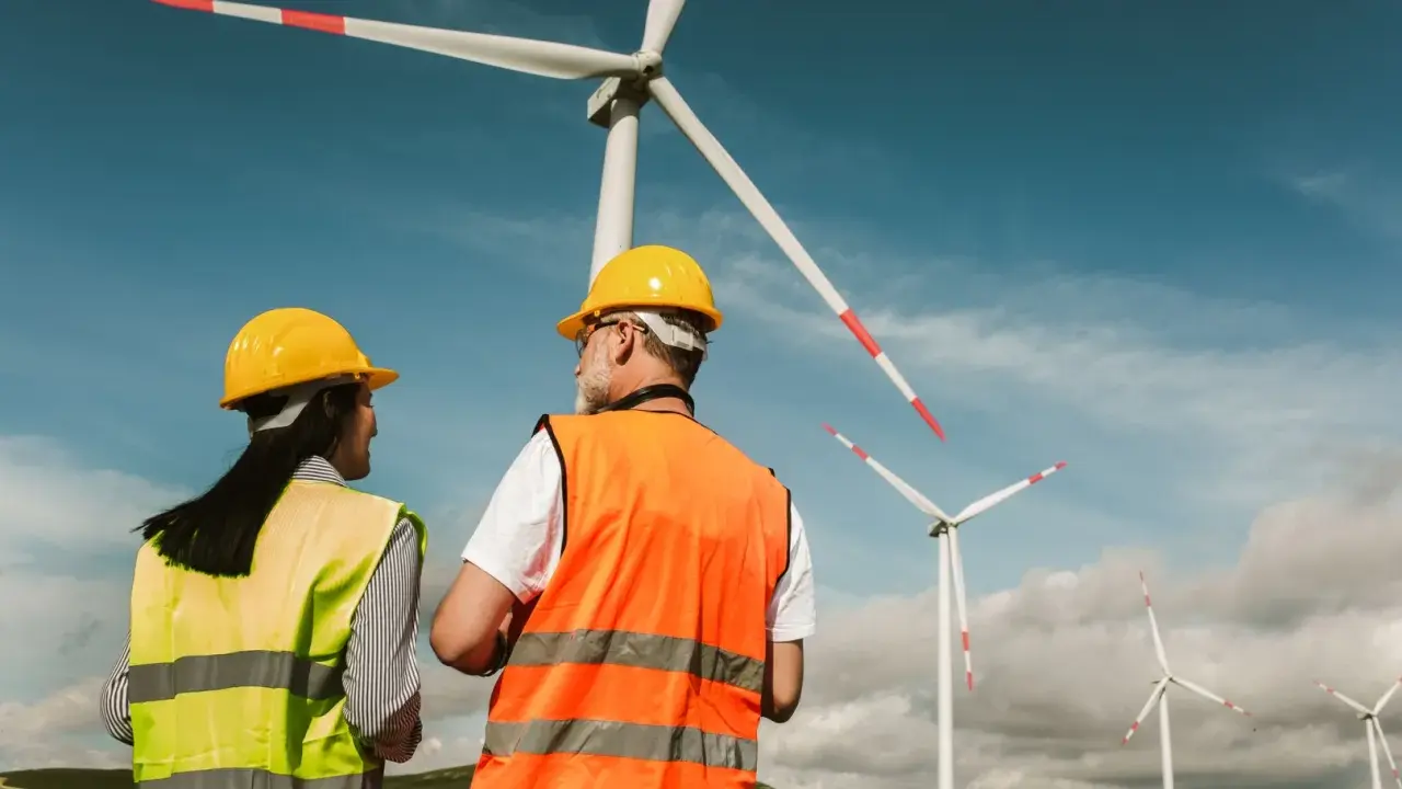 Dwóch pracowników, technik OZE, w kaskach i kamizelkach odblaskowych, obserwuje farmę wiatrową.
