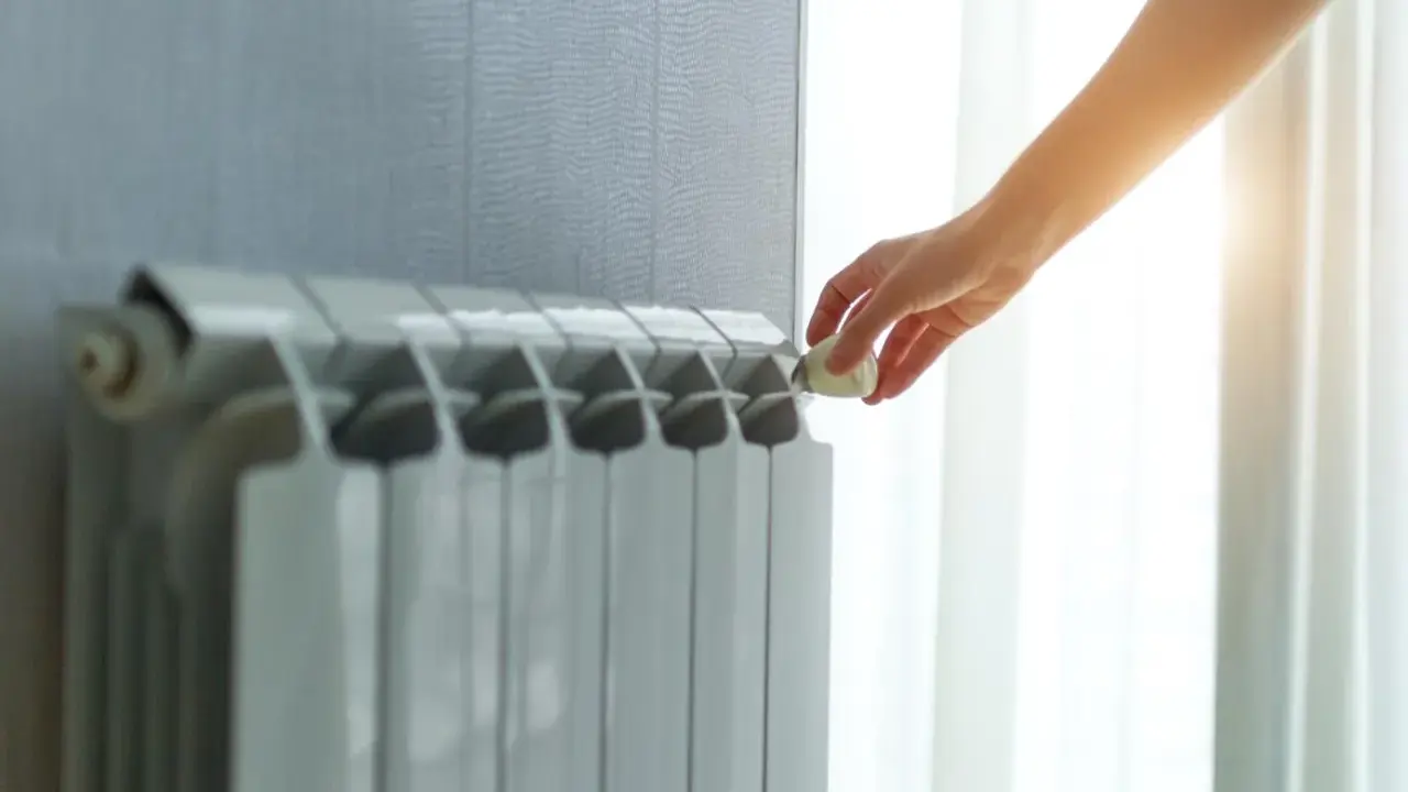 Dłoń reguluje termostat na grzejniku, pokazując różne rodzaje kaloryferów i kontrolę temperatury w domu.