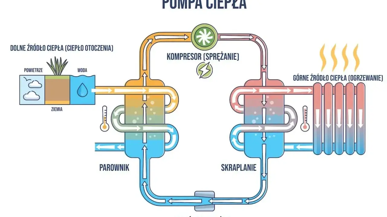 Schemat pompy ciepła pokazujący pobieranie ciepła z otoczenia (powietrze, woda, ziemia) i przekazywanie go do ogrzewania. Działanie głębinowe pompy ciepła.