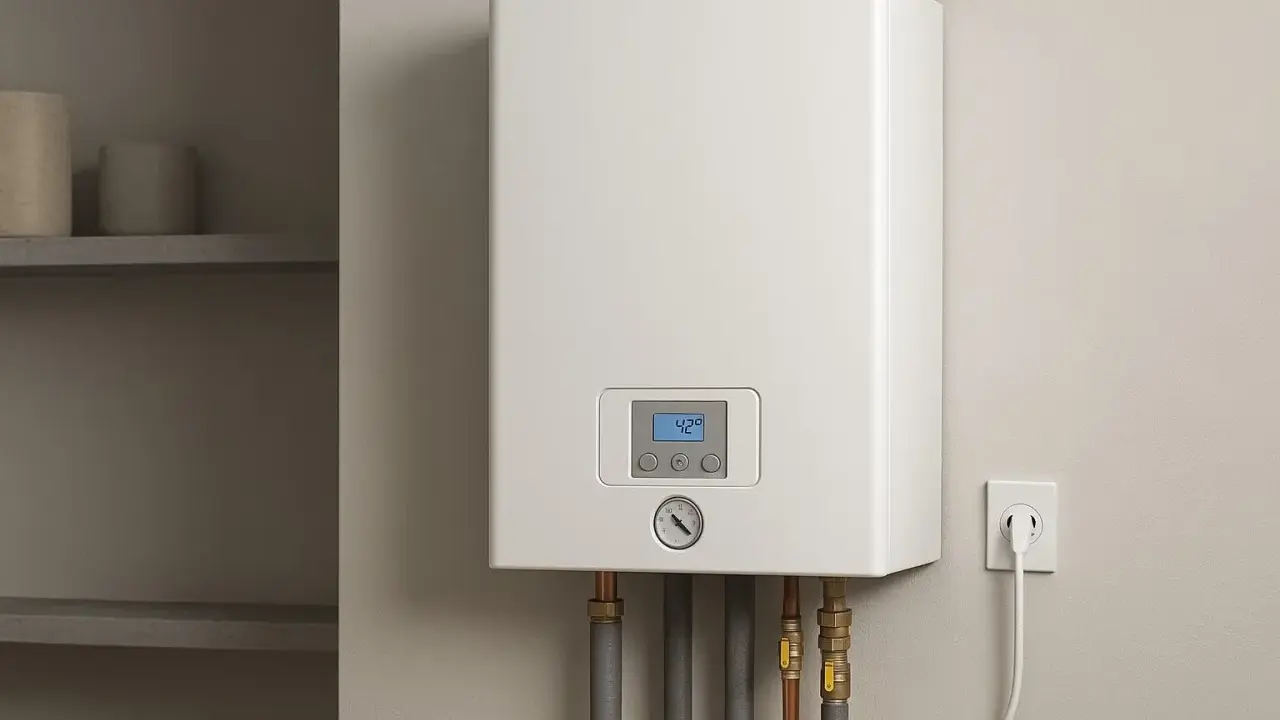 Nowoczesny piec elektryczny do domu 100m2, z cyfrowym wyświetlaczem i termometrem, podłączony do gniazdka.