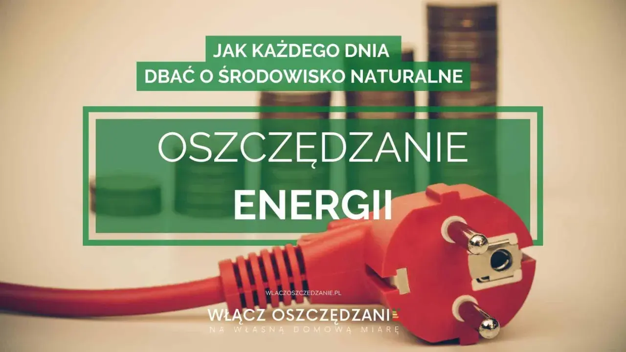 Wtyczka elektryczna i stosy monet symbolizują oszczędzanie energii. Tekst zachęca do codziennej troski o środowisko naturalne.