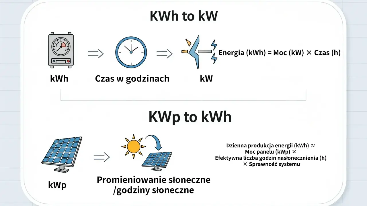 Schemat pokazuje, jak przeliczać jednostki energii: kWh na kW (Moc x Czas) i kWp na kWh (produkcja energii z paneli słonecznych).