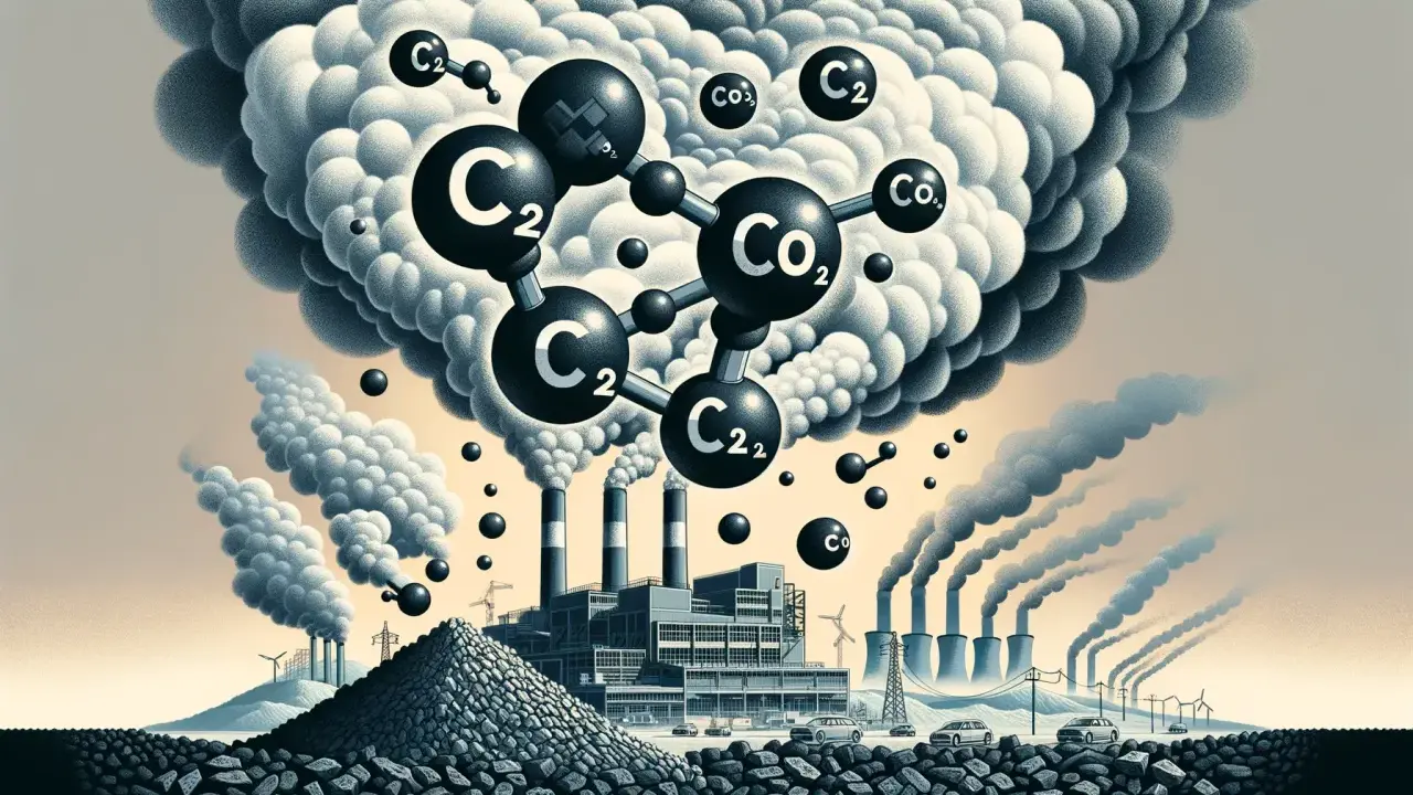 Molekuły CO2 unoszą się nad fabryką spalającą węgiel. Obraz ilustruje, ile CO2 powstaje z tony węgla.