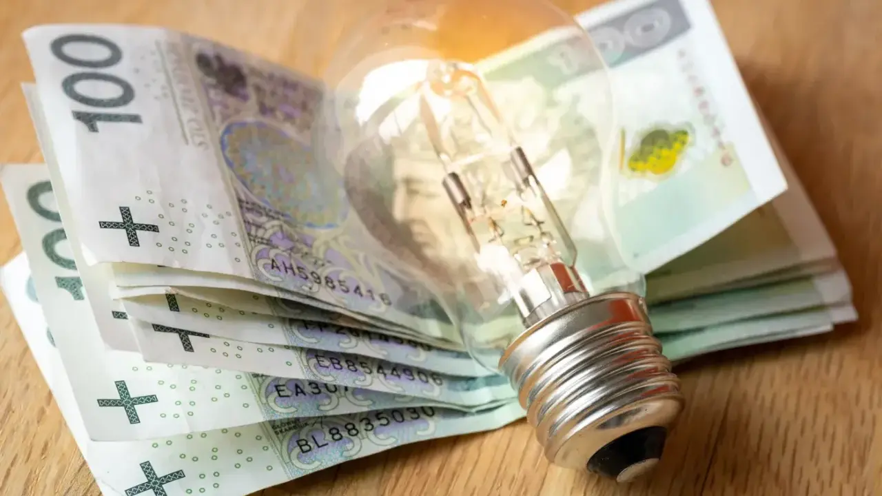 Żarówka na stosie banknotów 100 zł symbolizuje wysokie koszty energii i potrzebę dopłat do prądu.