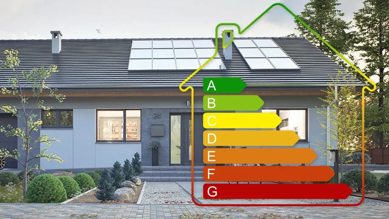 Nowoczesny dom z panelami słonecznymi i etykietą energetyczną. Określa zapotrzebowanie energetyczne domu od A (najlepsze) do G (najgorsze).