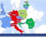 Mapa Europy z zaznaczonymi krajami i ich cenami energii elektrycznej. Najwyższe ceny energii w Europie odnotowano w Niemczech (484,00 EUR/MWh).