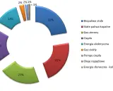 Wykres kołowy pokazuje strukturę zużycia energii w Polsce: 22% gaz ziemny, 22% stałe paliwa kopalne, 21% ciepło, 18% energia elektryczna, 12% biopaliwa stałe, a pozostałe źródła poniżej 2%.