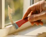 Dłoń zeskrobuje starą farbę lateksową z okna za pomocą skrobaka.