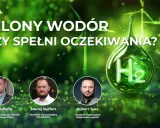 Zielony wodór: czy spełni oczekiwania? Grafika z kroplą H2, wiatrakami i sylwetkami ekspertów.
