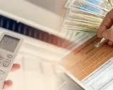 Ręka trzymająca pilot do klimatyzacji, obok stos banknotów i formularz podatkowy. Czy klimatyzację można odliczyć od podatku?