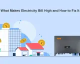 Ilustracja pokazuje dom i budynek biurowy otoczone monetami, symbolizującymi wzrost cen energii. Obok stoi falownik, sugerując rozwiązanie problemu.