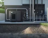 Nowoczesne gruntowe pompy ciepła zasilają dom, czerpiąc energię z ziemi. System rur i zbiornik są dyskretnie umieszczone obok zielonego ogrodu.