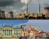 Miks energetyczny Niemiec: chłodnie kominowe elektrowni i budynek Reichstagu w Berlinie.