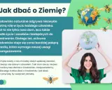 Jak dbać o środowisko? Młoda kobieta z uśmiechem trzyma globus, symbolizując troskę o planetę. Pszczoły i Ziemia w tle podkreślają potrzebę ochrony przyrody.