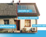 Dom po termomodernizacji: panele PV, wymiana stolarki, ogrzewania. Kompleksowa modernizacja w ramach krajowego projektu energetycznego.