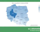 Mapa Polski z mocą instalacji fotowoltaicznych w MW. Największe nasłonecznienie w Polsce odnotowuje województwo wielkopolskie (540,67 MW).
