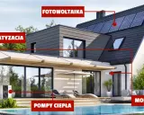 Nowoczesny ekologiczny dom z panelami fotowoltaicznymi, pompami ciepła, klimatyzacją i systemem monitoringu.