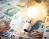 Żarówka świeci na tle polskich banknotów. Czy to dodatek energetyczny dla każdego?