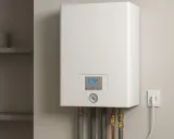 Nowoczesny piec elektryczny do domu 100m2, z cyfrowym wyświetlaczem i termometrem, podłączony do gniazdka.
