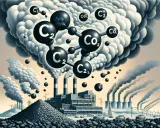 Molekuły CO2 unoszą się nad fabryką spalającą węgiel. Obraz ilustruje, ile CO2 powstaje z tony węgla.