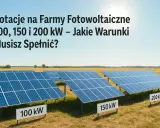 Panele fotowoltaiczne na polu, z tabliczkami 100 kW, 150 kW i 200 kW. Informacja o dofinansowaniu do farmy fotowoltaicznej.