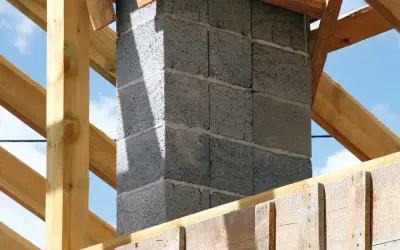 Budowa komina systemowego z bloczków betonowych, gotowego do podłączenia pieca. Drewniana konstrukcja dachu w tle.