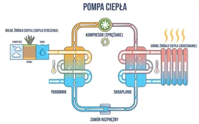 Schemat pompy ciepła pokazujący pobieranie ciepła z otoczenia (powietrze, woda, ziemia) i przekazywanie go do ogrzewania. Działanie głębinowe pompy ciepła.