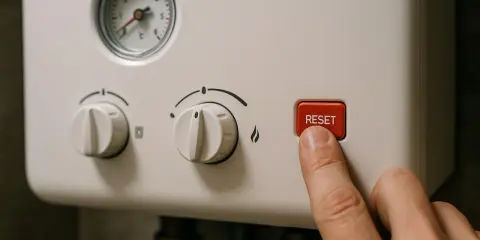 Palec naciska czerwony przycisk RESET na piecu gazowym. Dowiedz się, jak zresetować piec gazowy, gdy wystąpi problem.