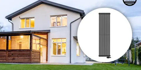Nowoczesny grzejnik 2000w na ile m2 ogrzeje Twój dom? Zobacz elegancki grzejnik pionowy w tle domu z ogrodem.