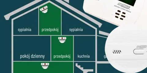 Schemat domu z zaznaczonymi miejscami na czujniki czadu. Obok widoczny detektor tlenku węgla, który pokazuje, jak sprawdzić czujnik czadu.