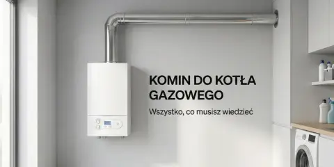 Nowoczesny piec gazowy z metalowym kominem, zamontowany na ścianie. Obok pralka i półka z detergentami.