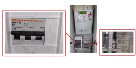 Zabezpieczenie przedlicznikowe to wyłącznik nadprądowy Lovato 32A oraz licznik energii elektrycznej. Widoczny jest też bezpiecznik 50A.