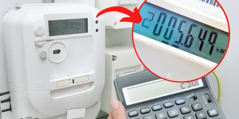 Cyfrowy licznik energii elektrycznej pokazuje zużycie 2005.649 kWh. Obok kalkulator do obliczeń.