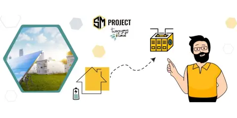 SM Project: panele słoneczne, magazyny energii, dom z baterią i człowiek wskazujący na system. HEMS co to? To zarządzanie energią.