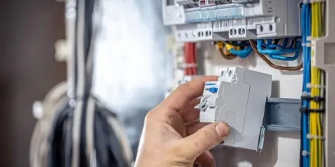 Dłoń montuje bezpiecznik w rozdzielnicy, kluczowy element domowej instalacji elektrycznej.