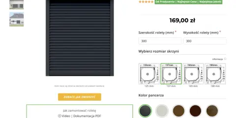 Budowa rolety zewnętrznej elektrycznej w kolorze antracytowym. Wybierz wymiary i kolor pancerza. Instrukcja montażu dostępna wideo i PDF.
