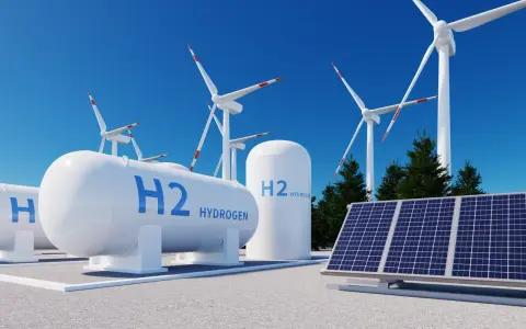 Zbiorniki H2 Hydrogen, panele słoneczne i wiatraki symbolizują przyszłość czystej energii, gdzie energia wodoru odgrywa kluczową rolę.