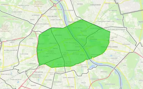 Mapa Warszawy z zaznaczonym obszarem, gdzie obowiązuje zakaz wjazdu diesli.